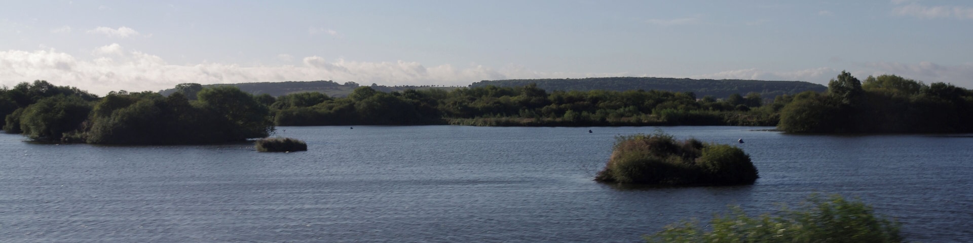 Early morning sunlight on the waters of the Attenborough Nature Reserve, seen from a passing train.