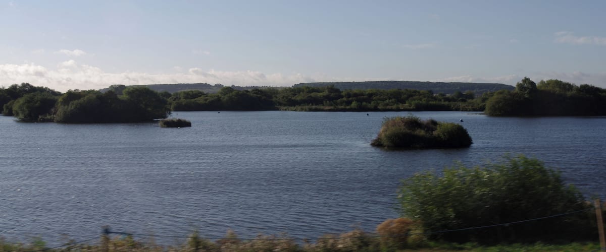 A calm lake with several small islands surrounded by dense greenery.