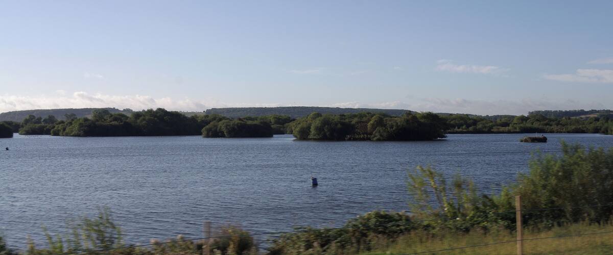 A calm lake with several small islands surrounded by dense greenery.