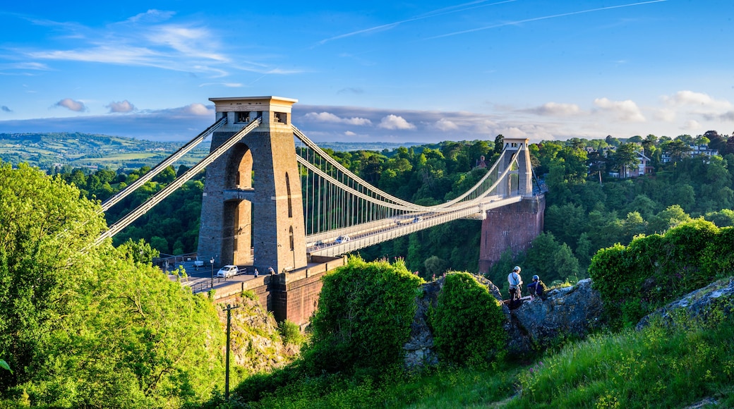 Bristol suspension bridge at sunset with climbers