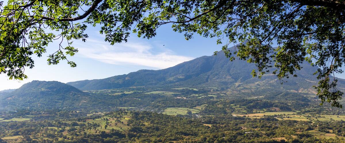 A mountainous landscape with dense forests and rolling hills.