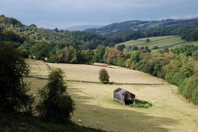 Barn in the Derwent Valley Looking down from the road above Grindleford, this barn can be seen in the lush meadows which run along both sides of the river. In the far distance is Stanage Edge.