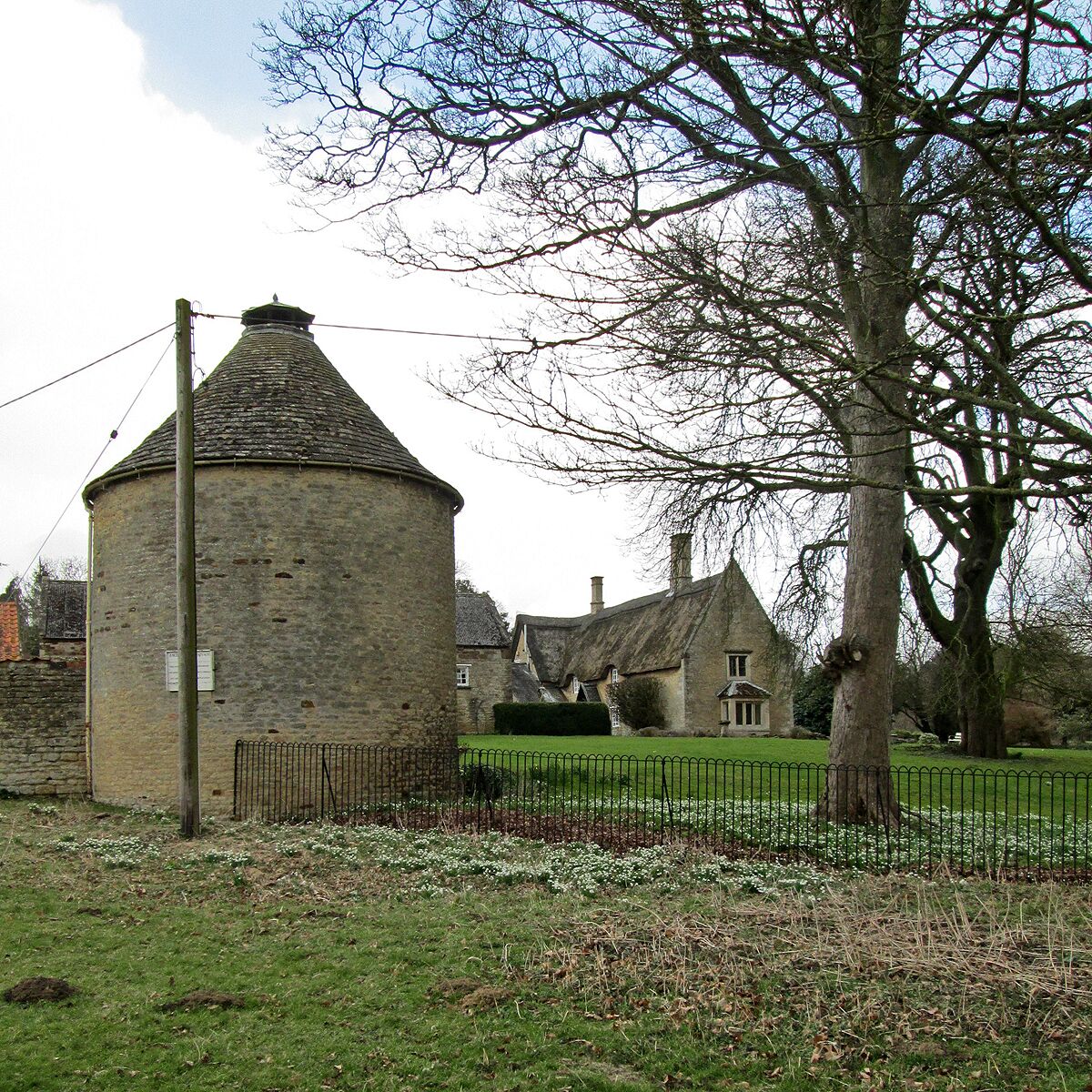Cranford St Andrew: dovecote, snowdrops and Dairy Farm