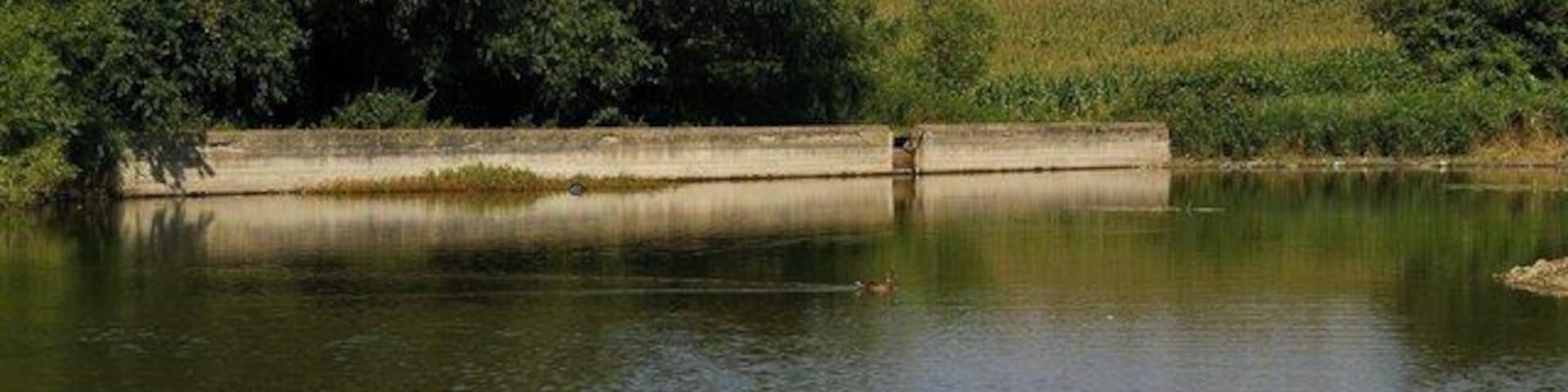 Weir Near Mount Pleasant Farm.. The weir in the background holds back the waters of a lake on the footpath from 68157 and Mount Pleasant Farm.
