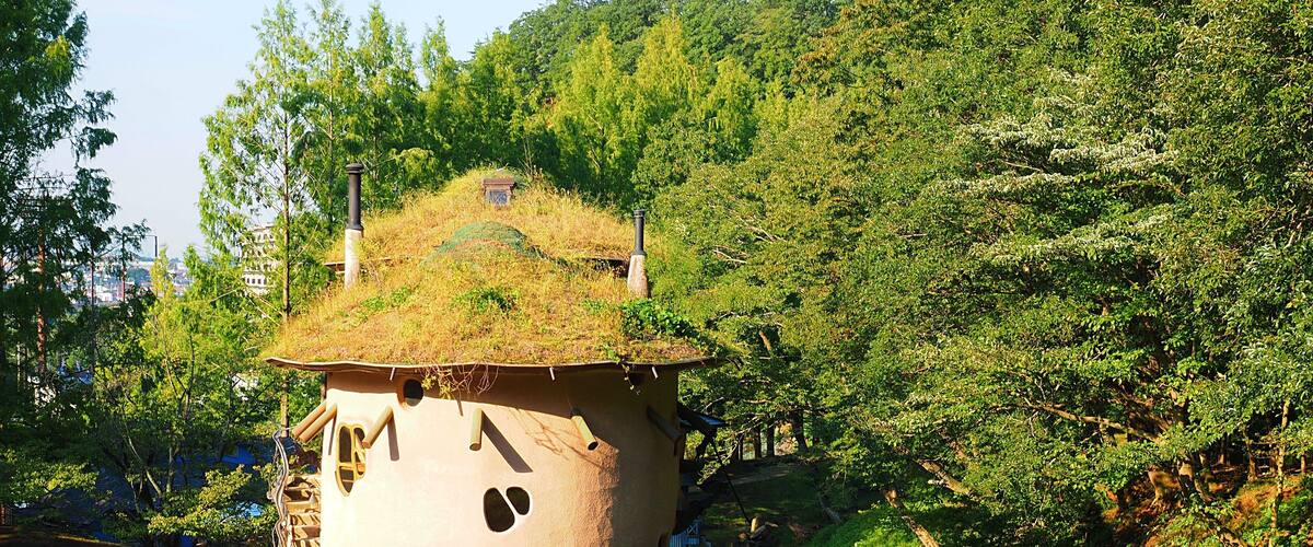 A small, rustic tower-like structure with a thatched roof, surrounded by lush greenery and trees.