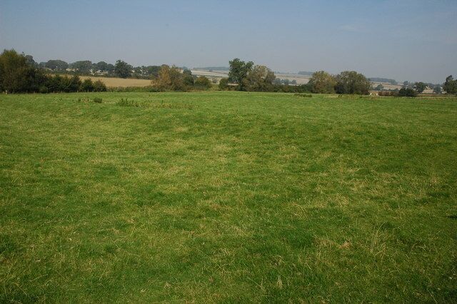 A green field with trees and buildings in the distance.