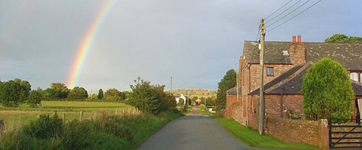 A rural road with a rainbow, houses, and fields.