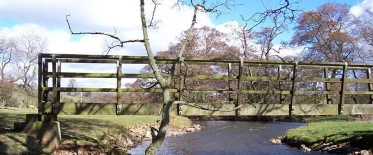 A wooden bridge over a flowing river, surrounded by trees and grassy banks.