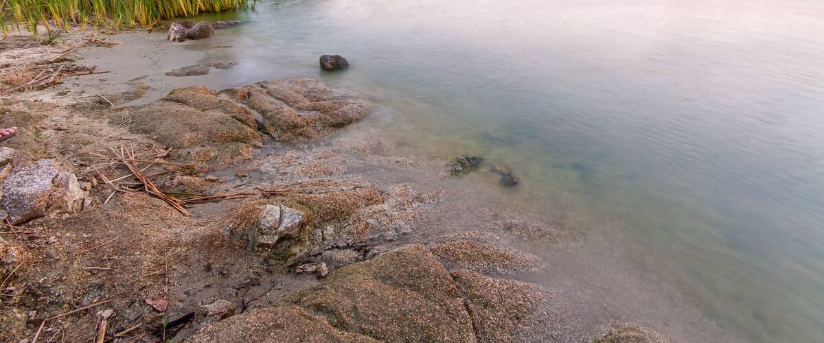 A river with clear water, surrounded by rocks and vegetation.
