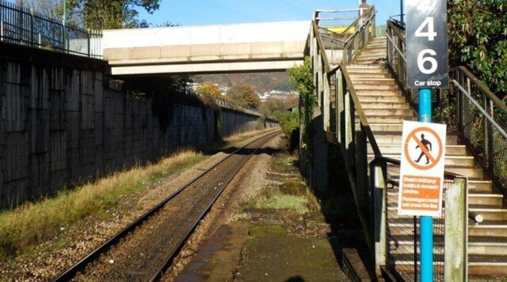 Steps up to a footbridge, Tonypandy Railway Station, Data from Geograph: Description: Viewed from the NW edge of the only platform at the station,on the Rhondda Line. ICBM: 51.619655207749, -3.4501658605901 Location: (about 1 km from) near to Trealaw, Rhondda Cynon Taff/Rhondda Cynon Taf, Great Britain.