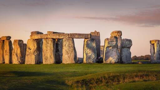Panorama of the prehistoric site of Stonehenge during early morning. beautiful orange glow on the stones