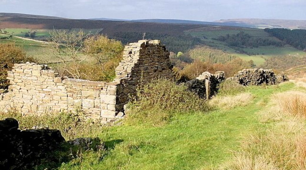 Derelict farm building above Bretton Clough To the left of this derelict building there are grassy fields whereas to the right is open moorland of poor grazing. In the far distance, in the sunlight, is Stanage Edge.