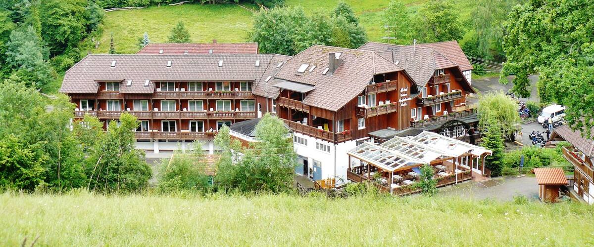 A large wooden chalet with multiple balconies, surrounded by lush greenery and a forested hillside.