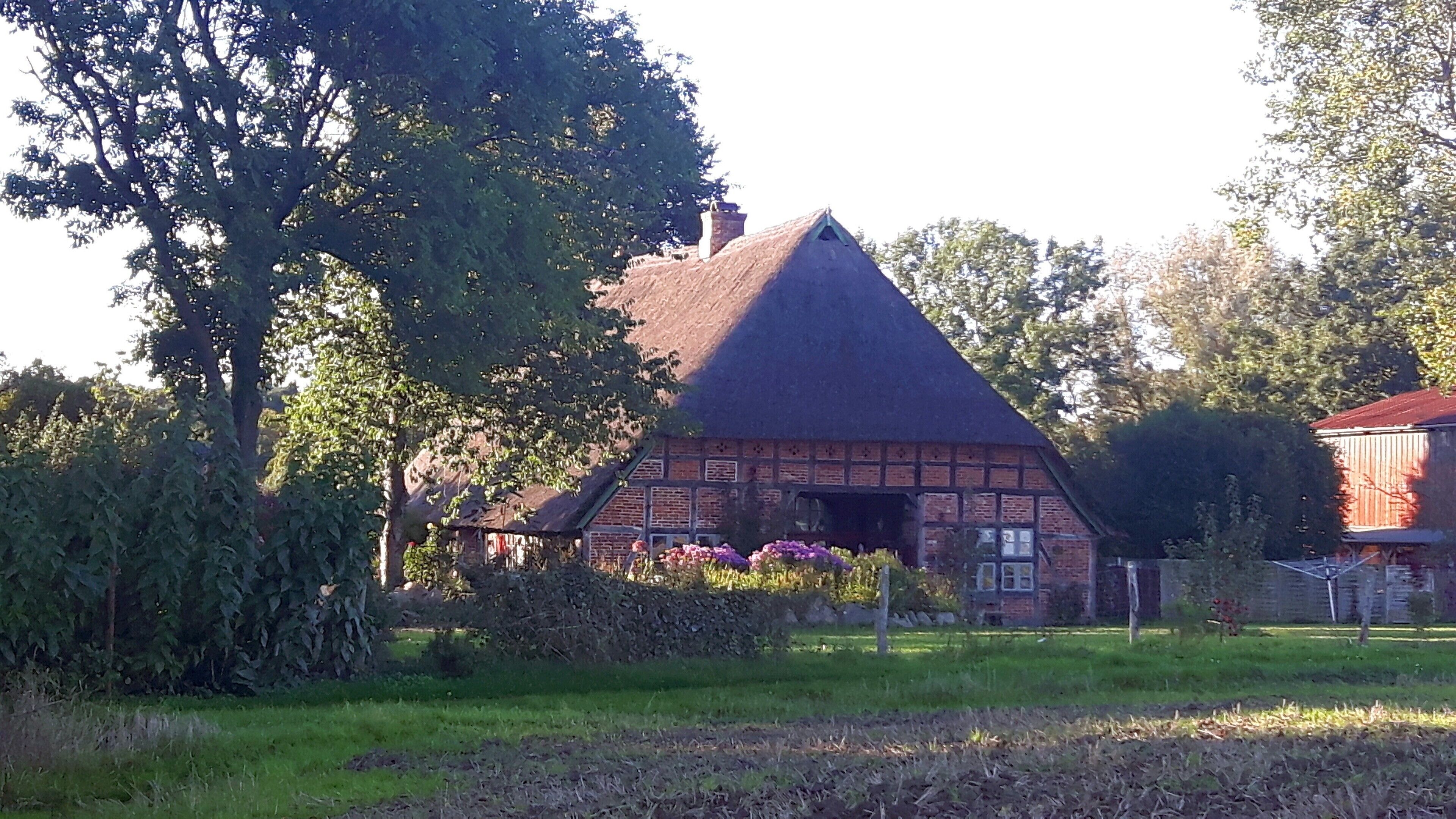 A traditional half-timbered house with a steeply pitched roof, surrounded by lush greenery and flowering plants.