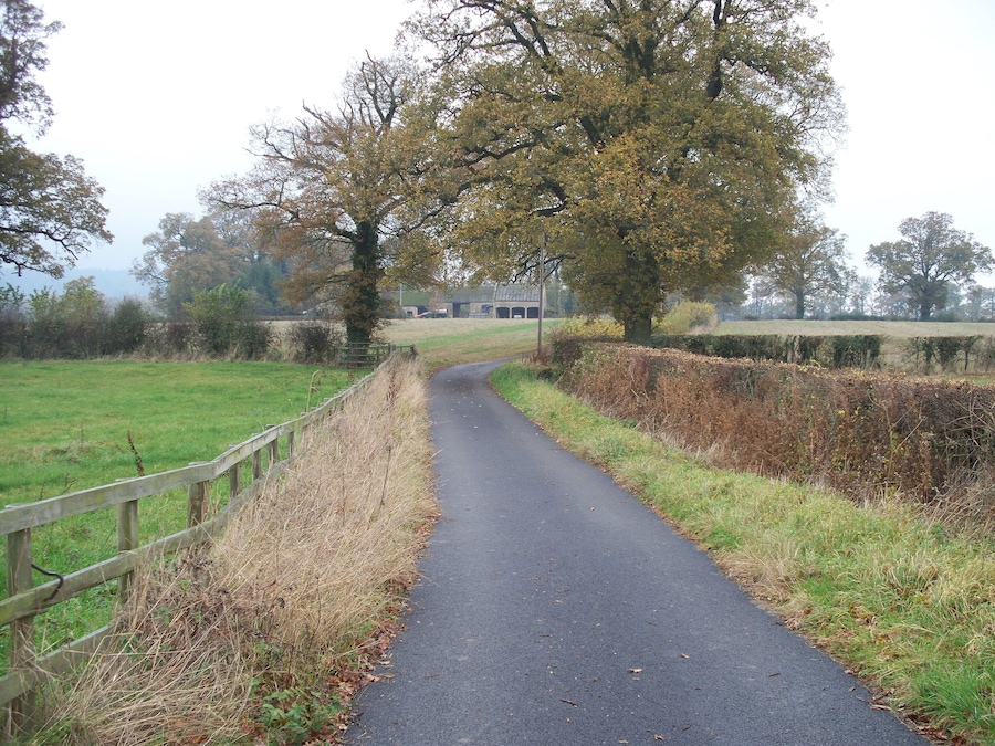 Upper Rye Farm Buildings The path from Bourton-on-the-Hill to Longborough joins the driveway to Upper Rye Farm. This is the view looking north to Upper Rye Farm Buildings seen through the trees. Upper Rye Farm itself is south of this spot.