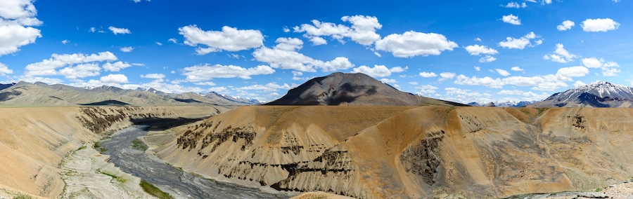 Panorama and scenic view of Pang Canyon with the river, Alt.4,513 meters, Keylong Leh road, India