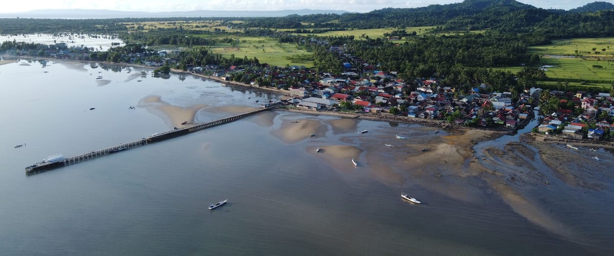 An aerial view of a coastal town with a pier extending into a calm bay, surrounded by lush greenery and distant mountains.