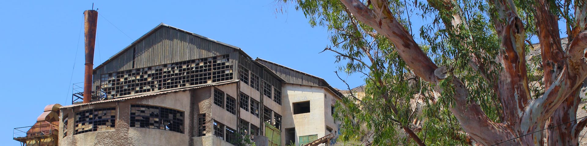 A dilapidated building with a staircase leading up to it, surrounded by trees and dry vegetation.