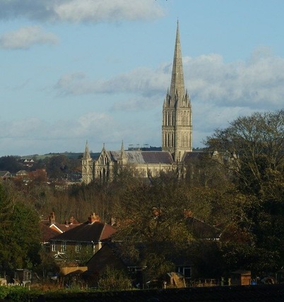 View From Harnham Hill, Salisbury Looking down across the houses, in the direction of Salisbury Cathedral. The rivers Avon and Nadder flow through the bottom of the valley, on this side of the cathedral, demonstrating that the cathedral is built on higher ground.