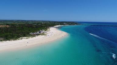 Aerial shot of Irabu bridge and maehama beach, miyako island, okinawa, Japan