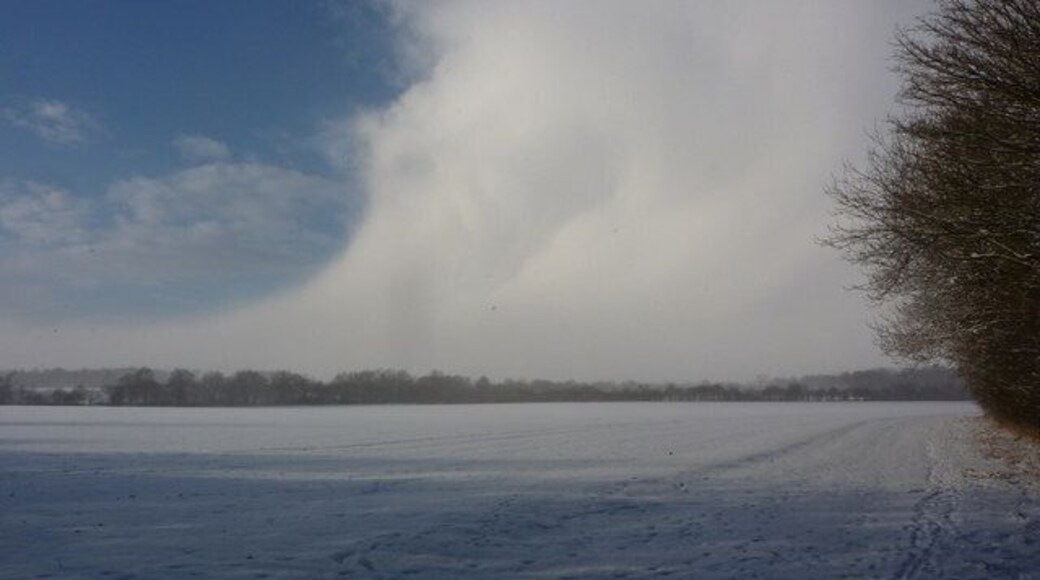 Field and clearing snow shower clouds Seen from a gateway on the Thornham estate, with no public access beyond into the field itself.