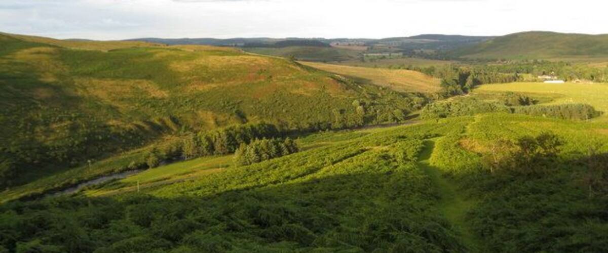 Looking down the lower slopes of Brough Law The evening sun is catching the hills forming this valley. The River Breamish is just visible.