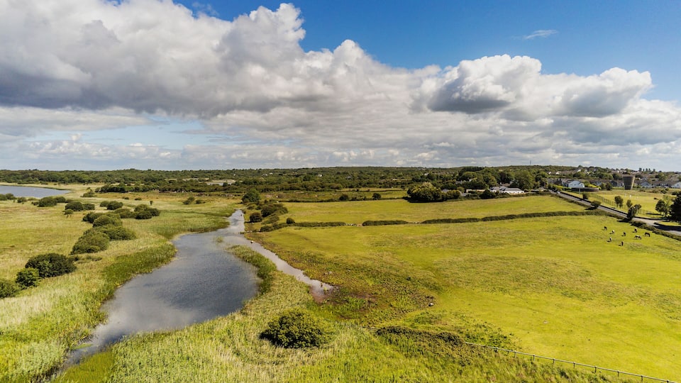 Aerial view, River Corrib, green grass fields, blue cloudy sky, landscape, sunny day, Terryland, Galway,