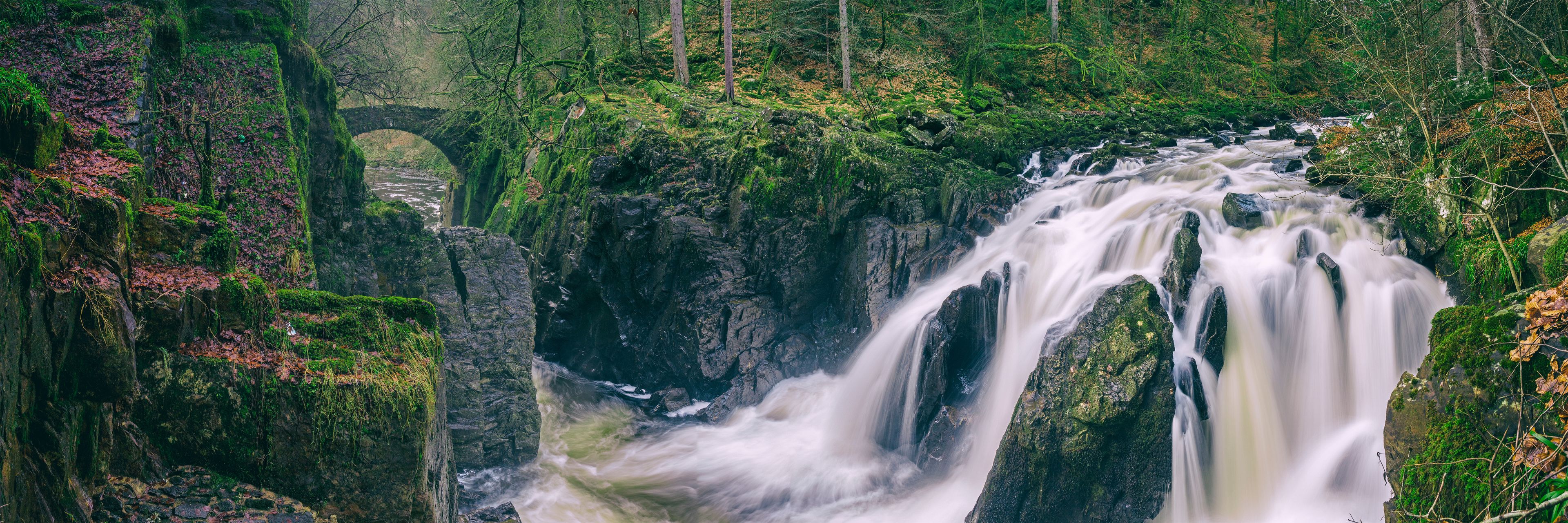 Panoramic view of the Black Linn Falls on the River Braan in the Hermitage woodland. Perthshire, Scotland, UK