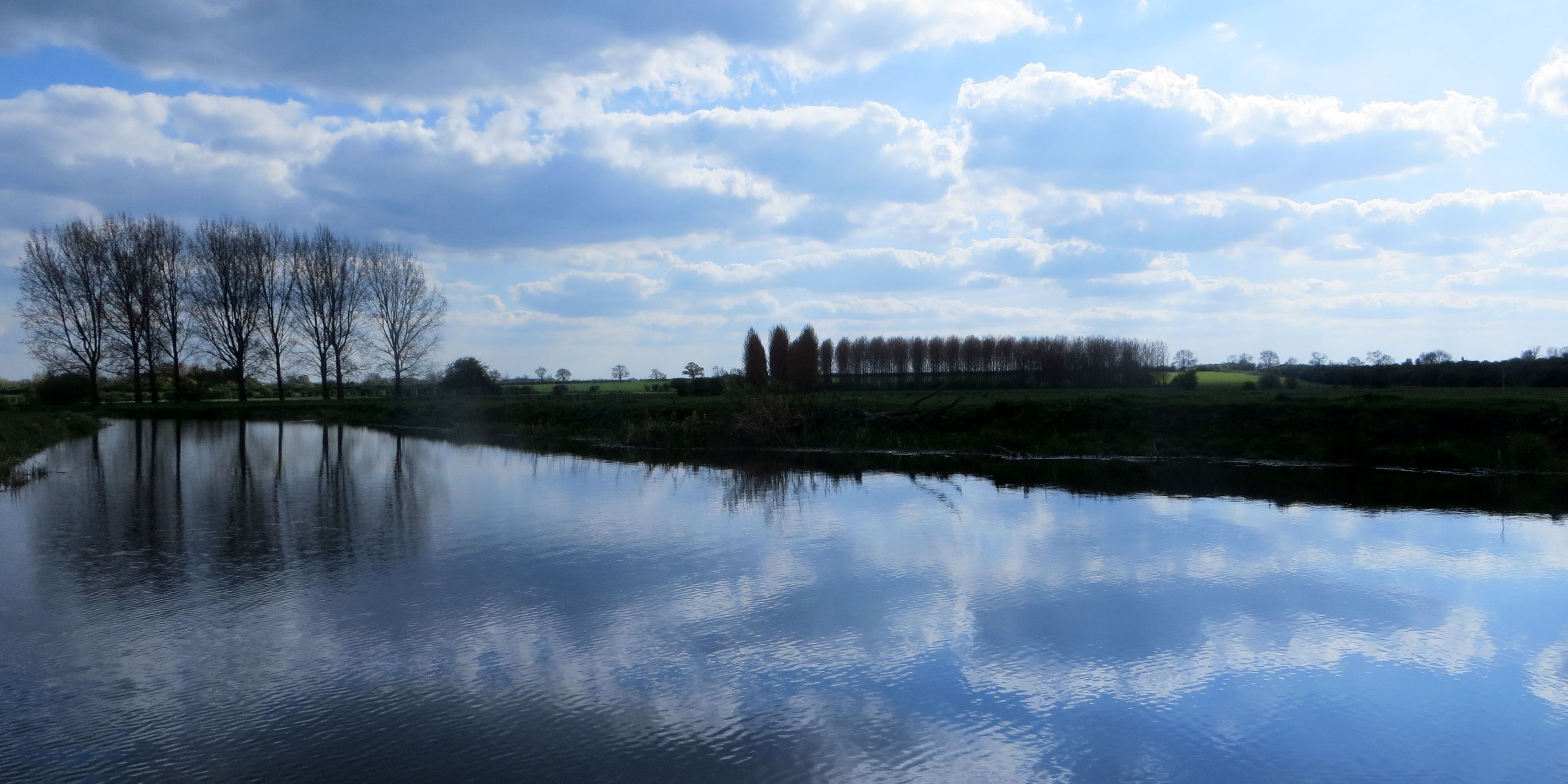 A calm lake reflecting trees and a cloudy sky.