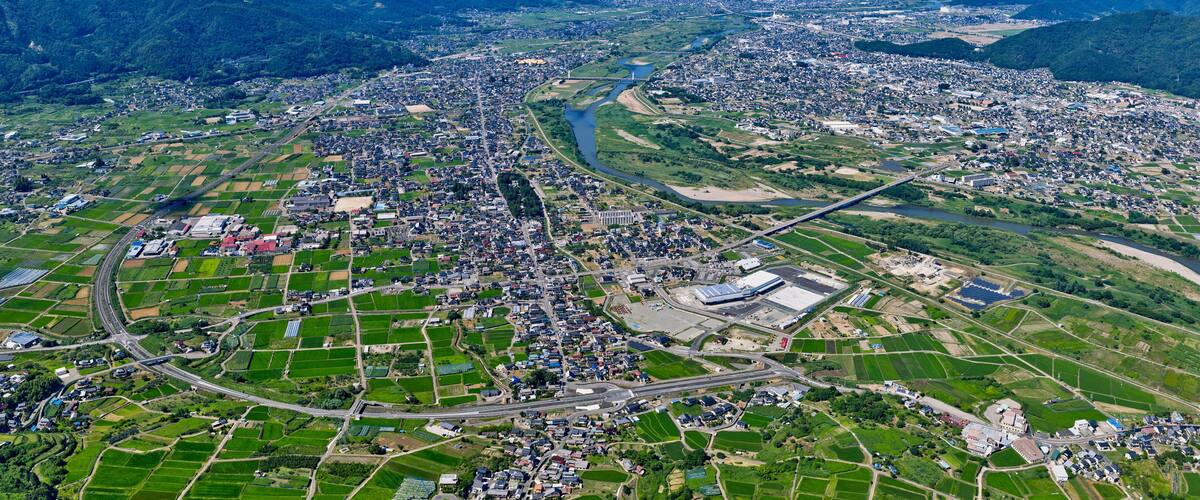 Panoramic Aerial View of Chikuma City and Chikuma River, Nagano Prefecture, Japan