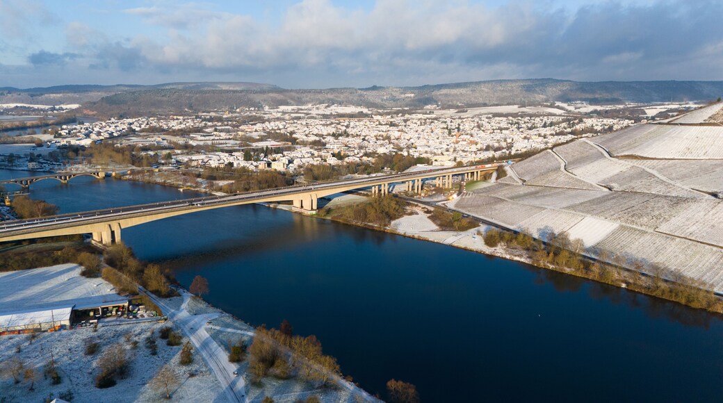 Snow covered Moselle valley, vineyard and Mosel river, Viaduct Longuich bridge of highway crossing near Trier, aerial view, winter season with frost in Germany