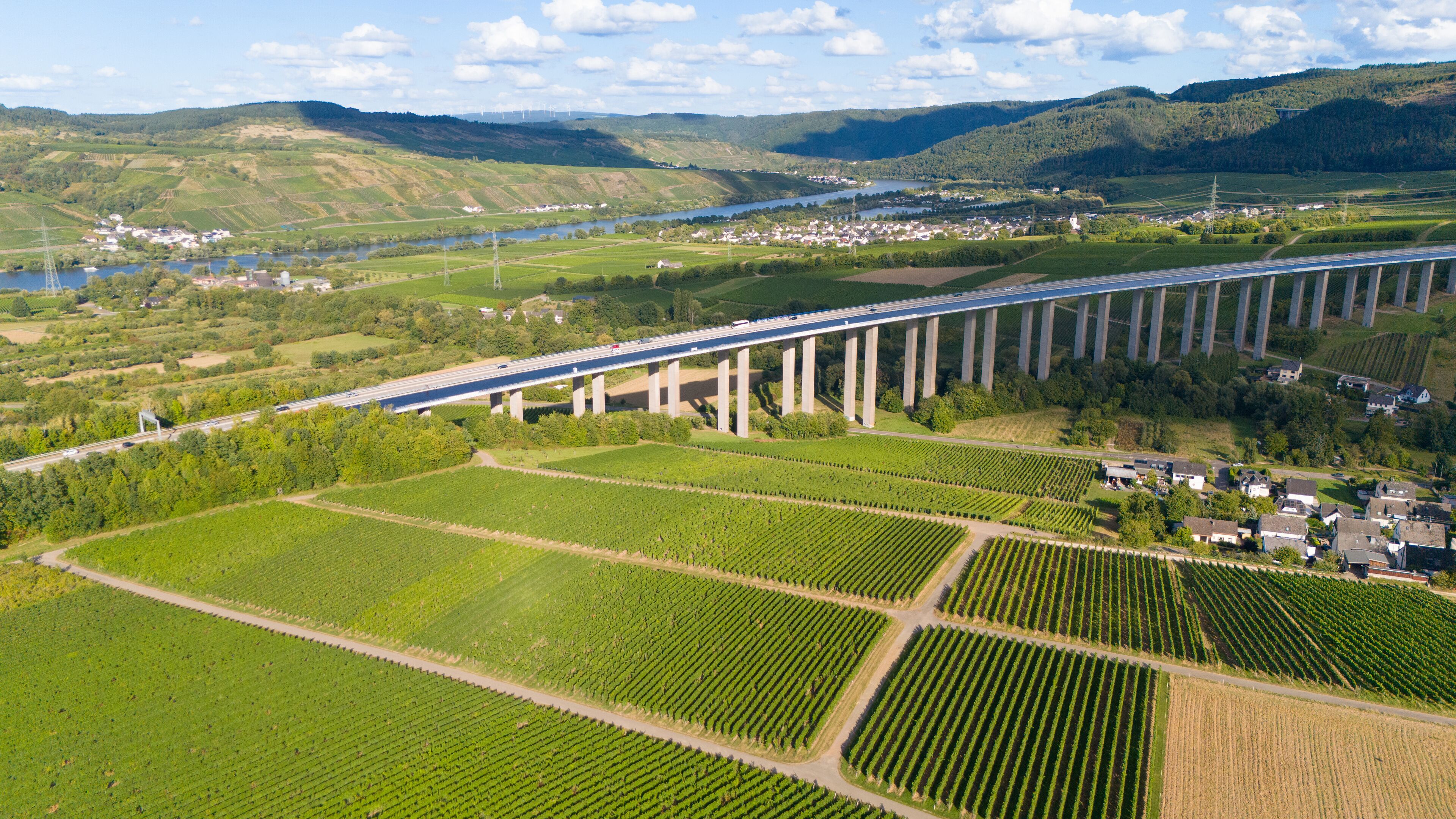 Moselle Viaduct Longuich, vineyard in Mosel valley, bridge of highway crossing river near Trier, german autobahn, aerial view