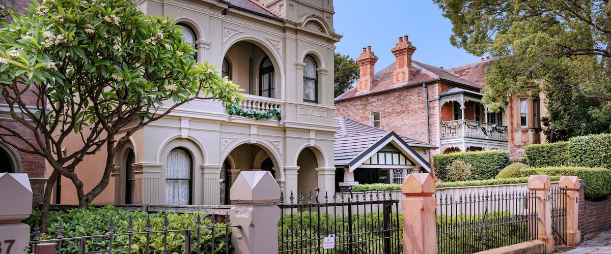 Old house's facade from XIX Century, in Gothic architetonic style, in Annandale Neighborhood, Sydney, Australia, Dec 2019