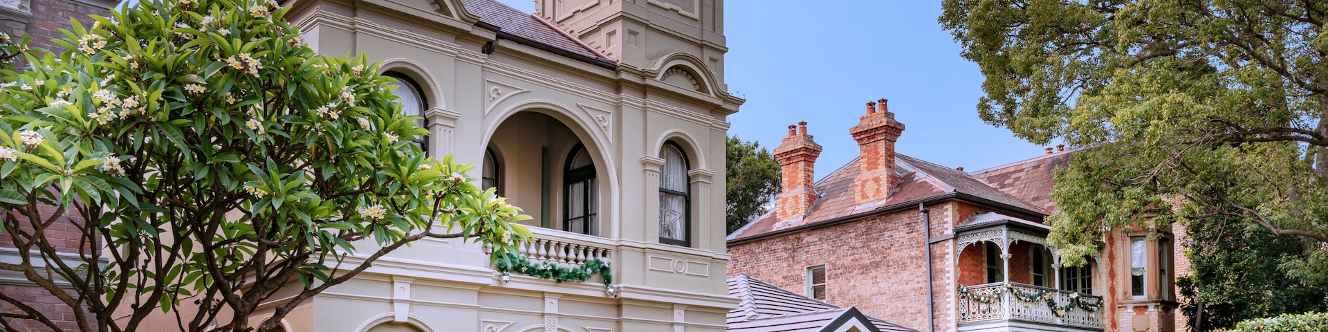 Old house's facade from XIX Century, in Gothic architetonic style, in Annandale Neighborhood, Sydney, Australia, Dec 2019