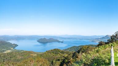 The whole view of Lake Toya. Panoramic image. Hokkaido, Japan