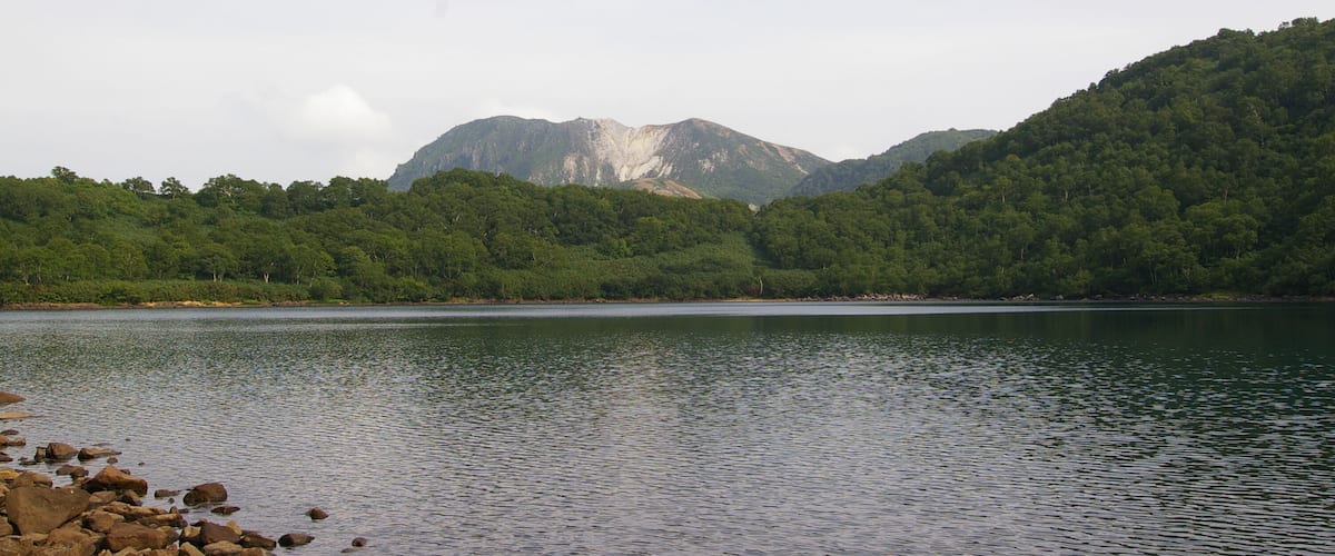 A calm lake with a rocky shoreline, surrounded by dense green forest and a prominent mountain in the background.