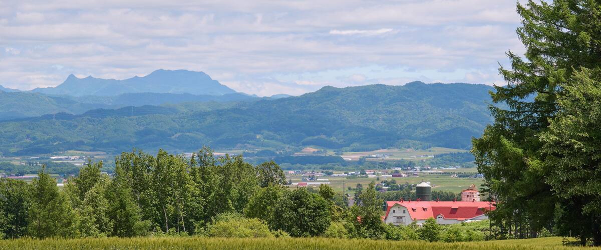 A rural landscape with a field, a red-roofed building, and mountains in the background.