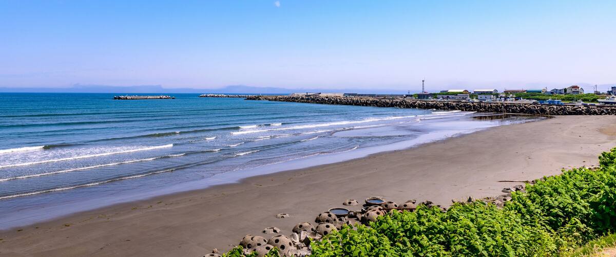 Otoshibe District, Esashi Fishing Port and Coastline under June Blue Sky, Hokkaido, Japan