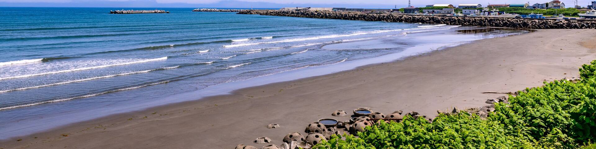 Otoshibe District, Esashi Fishing Port and Coastline under June Blue Sky, Hokkaido, Japan