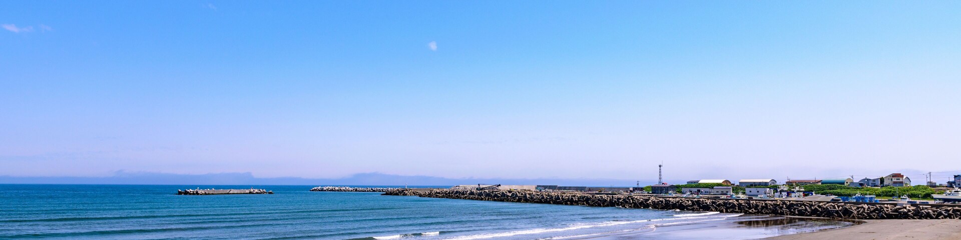Otoshibe District, Esashi Fishing Port and Coastline under June Blue Sky, Hokkaido, Japan