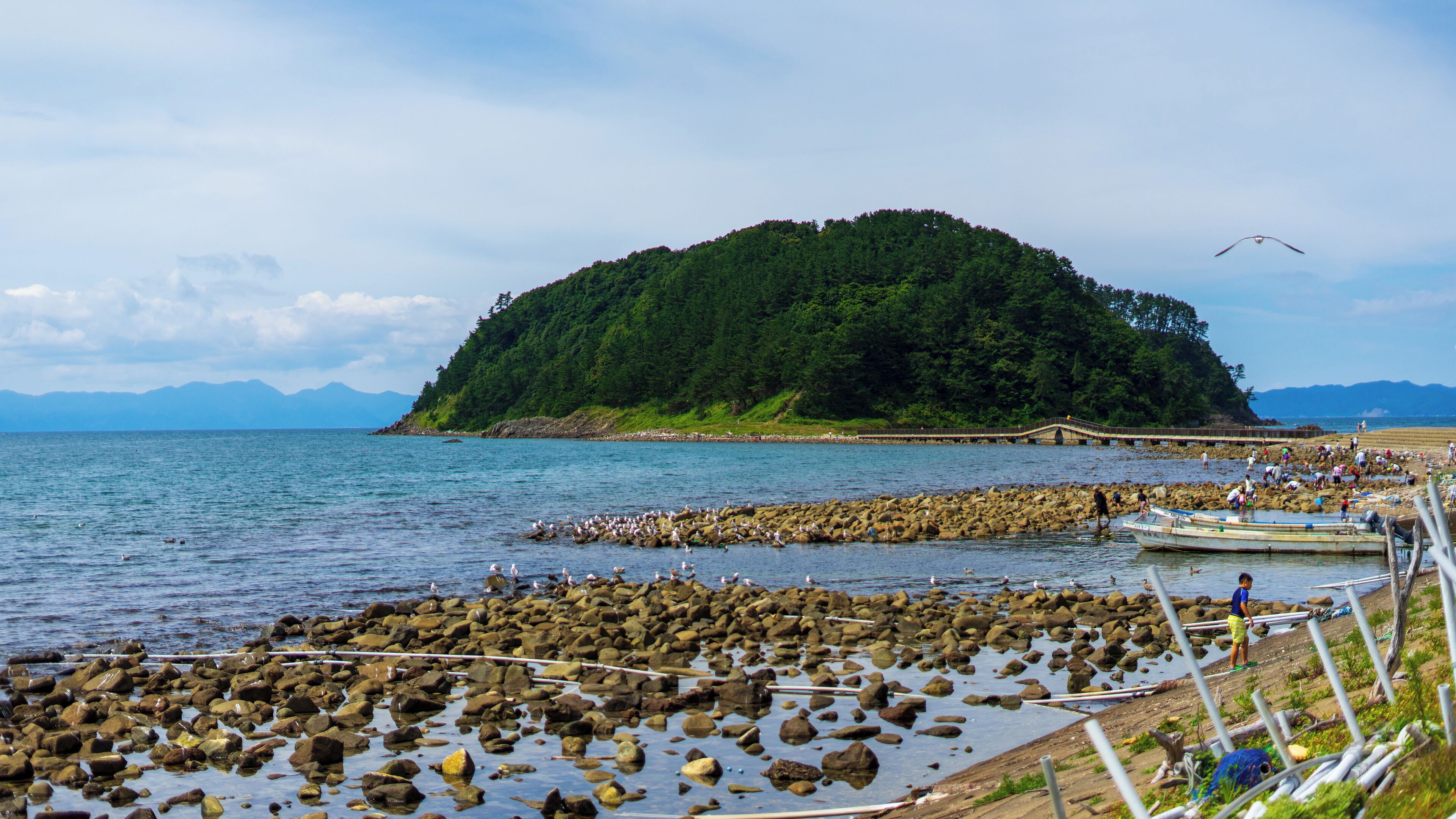 A rocky shoreline with a small island in the background.