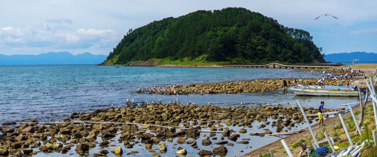 A rocky shoreline with a small island in the background.