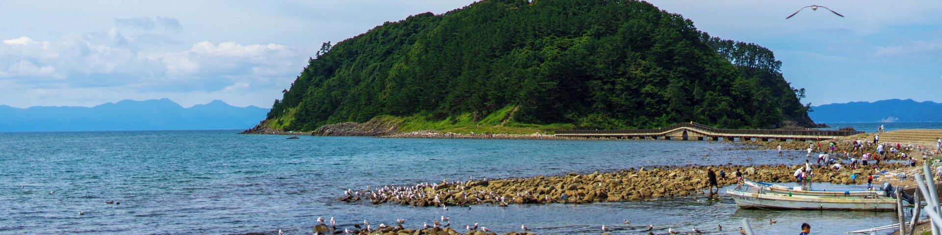 A rocky shoreline with a small island in the background.