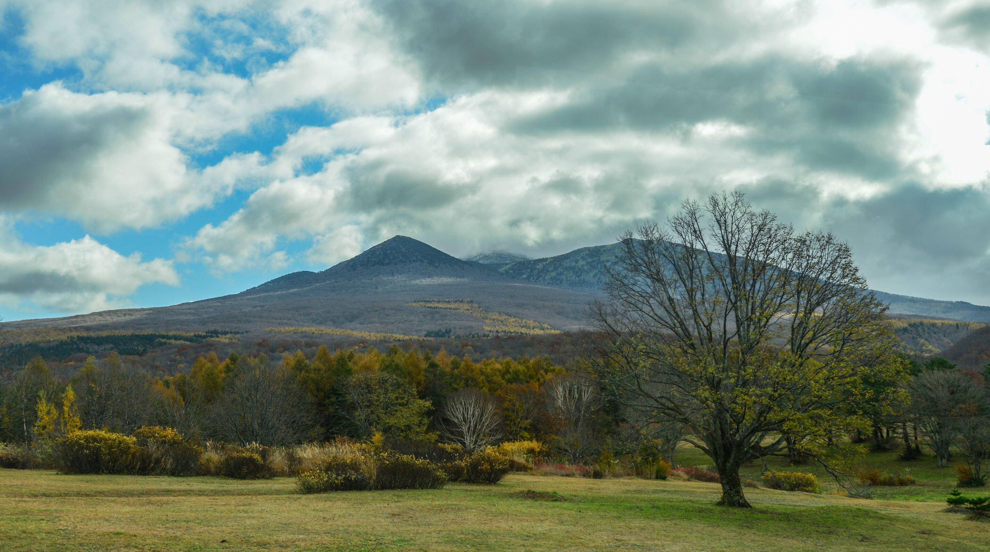 A mountain landscape with autumn foliage and a clear sky.