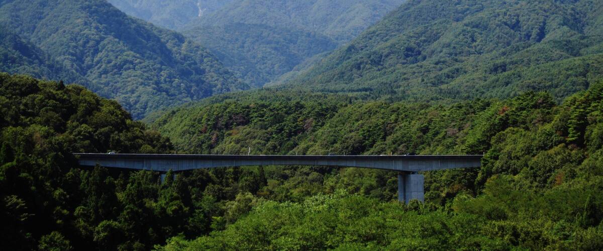 A bridge over a lush green valley with mountains in the background.