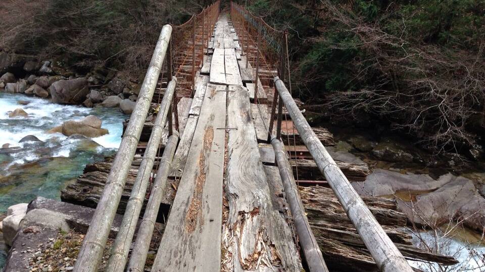A wooden bridge over a river with rocks and trees.