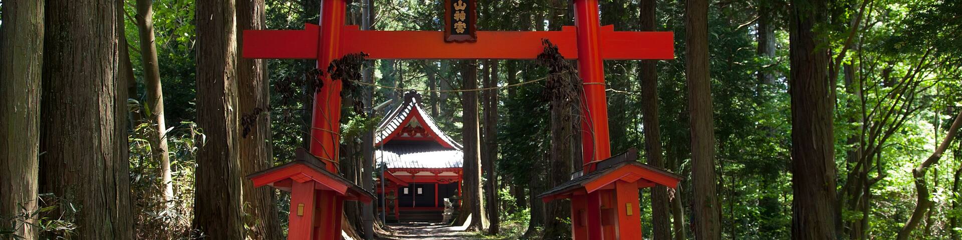 The red torii gate of Yama shrine near Lake Motosu in Fujikawagichiko, Yamanashi Prefecture, Japan.