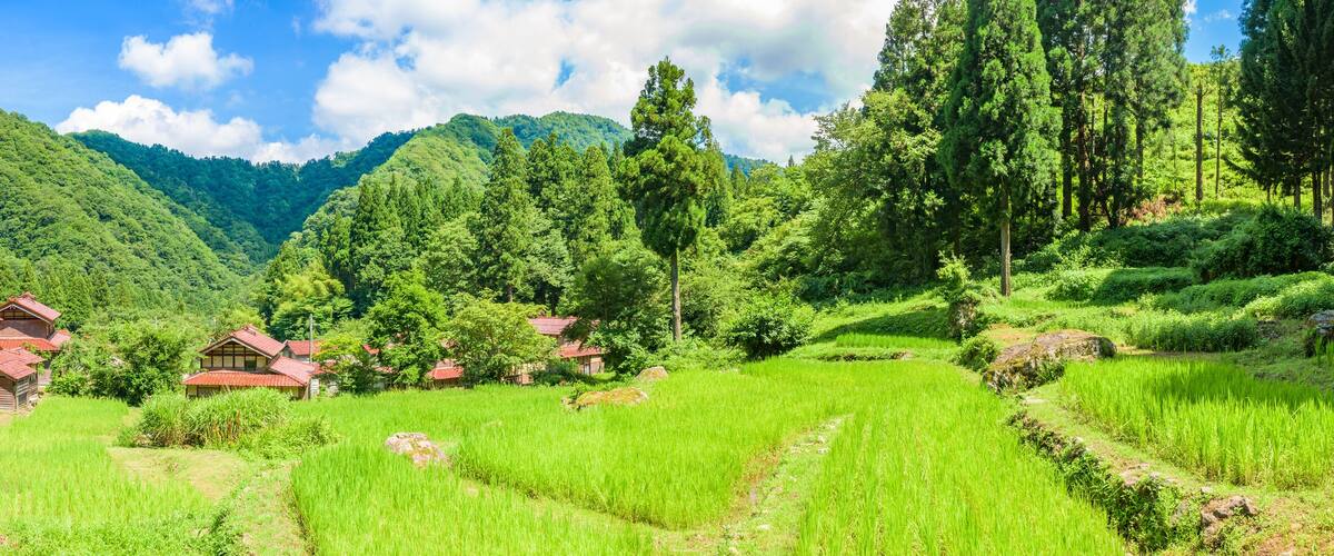 Oduchi village, Kagahigashitani, Kaga City, Mountain village, Important Preservation Districts for Groups of Traditional Buildings, in Ishikawa Prefecture, Japan.