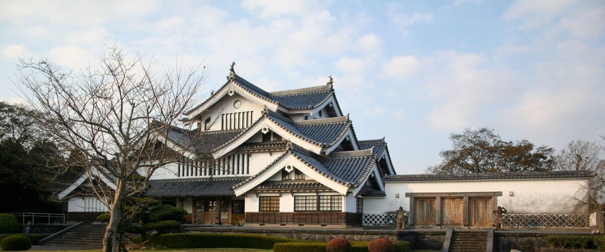 Traditional Japanese style building in Shiroyama Park, Miyakonojo, Miyazaki, Japan.