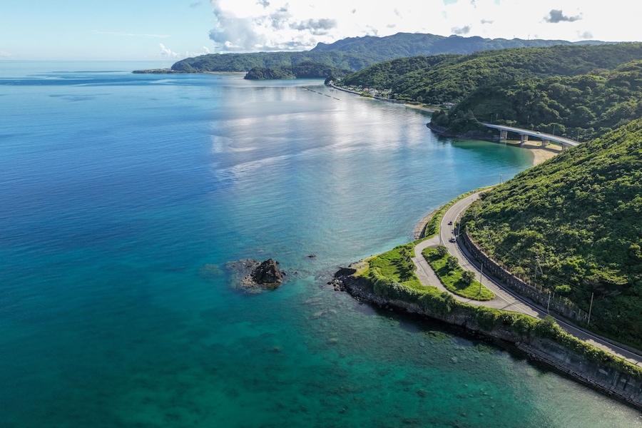 Coastal Scenery and Road in Ōgimi Village, Okinawa, Japan